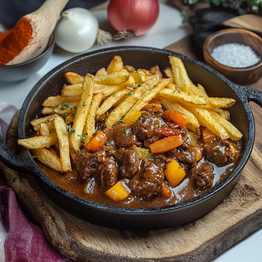 Ein Schmelztopf mit Fritten und Fleisch.