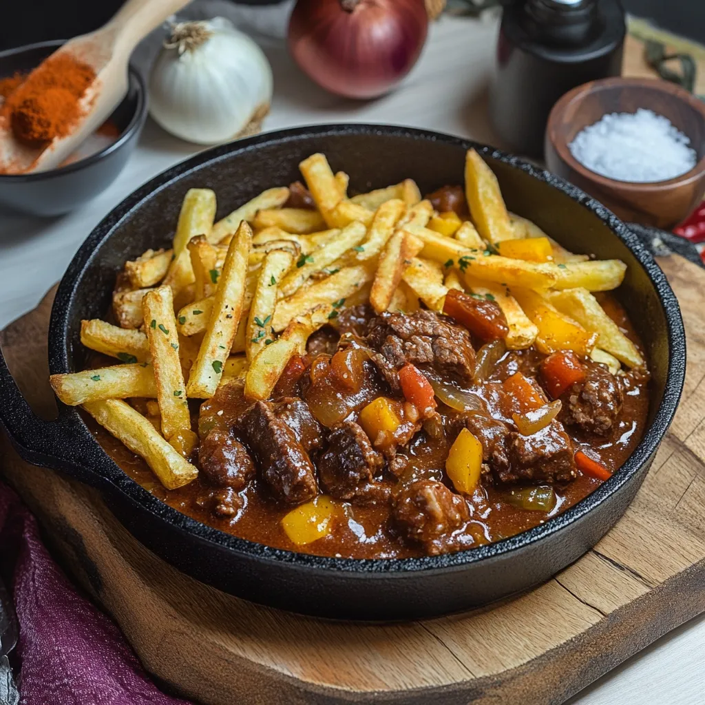 Ein Schälchen mit Fritten, Steak und Kartoffeln auf einem Tisch.
