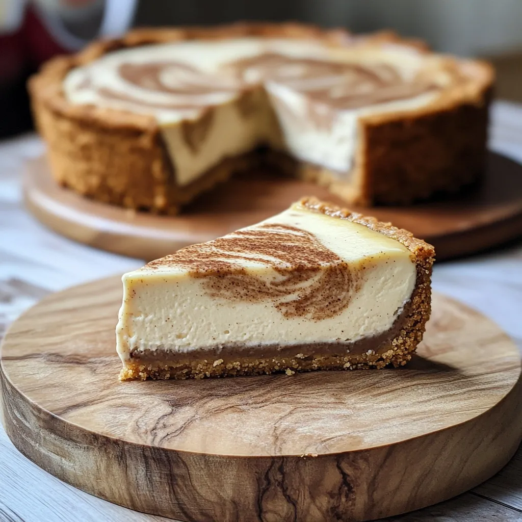 Ein Stück Zimtschnecken-Cheesecake auf einem Holzblock.