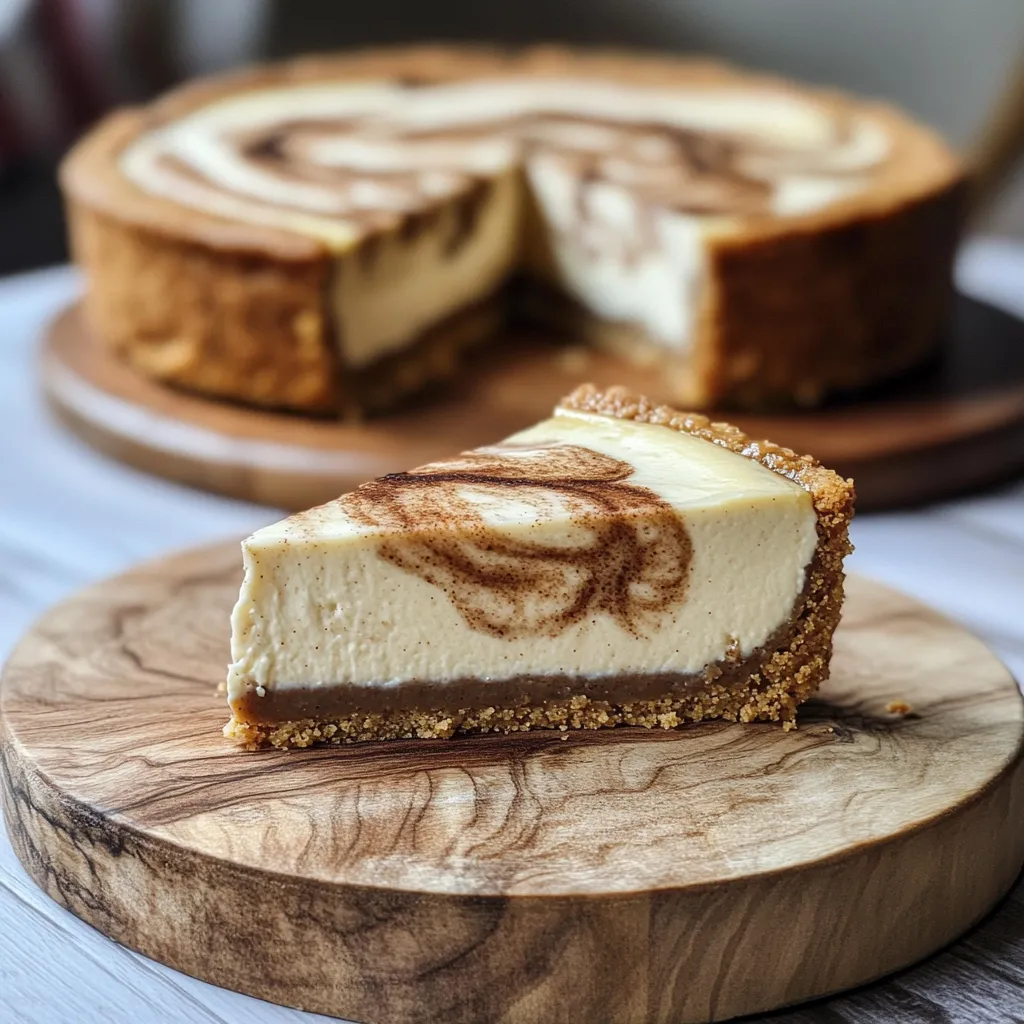 Ein Stück Zimtschnecken-Cheesecake auf einem Holzblock.