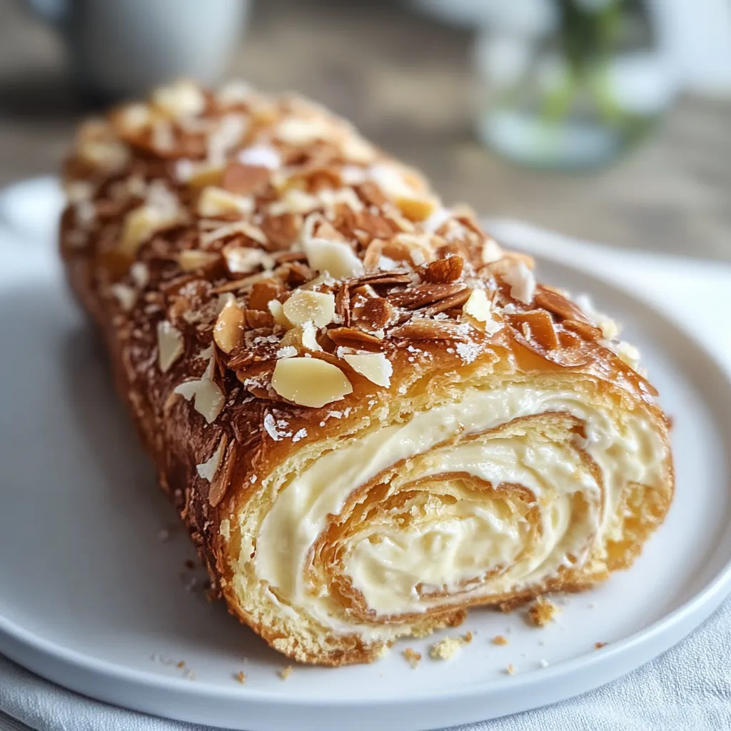 Ein weißer Teller mit einer eisernen Rolle, die mit Almonds und Schokolade garniert ist.