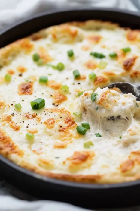 Eine Schüssel mit einer cremigen Mischung aus Käse und Zwiebeln.