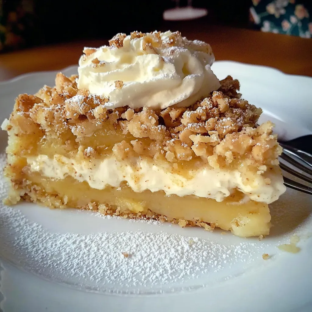 Eine Tasse mit einem Stück Kuchen, der mit Schaumkäse und Walnussstreusel garniert ist.