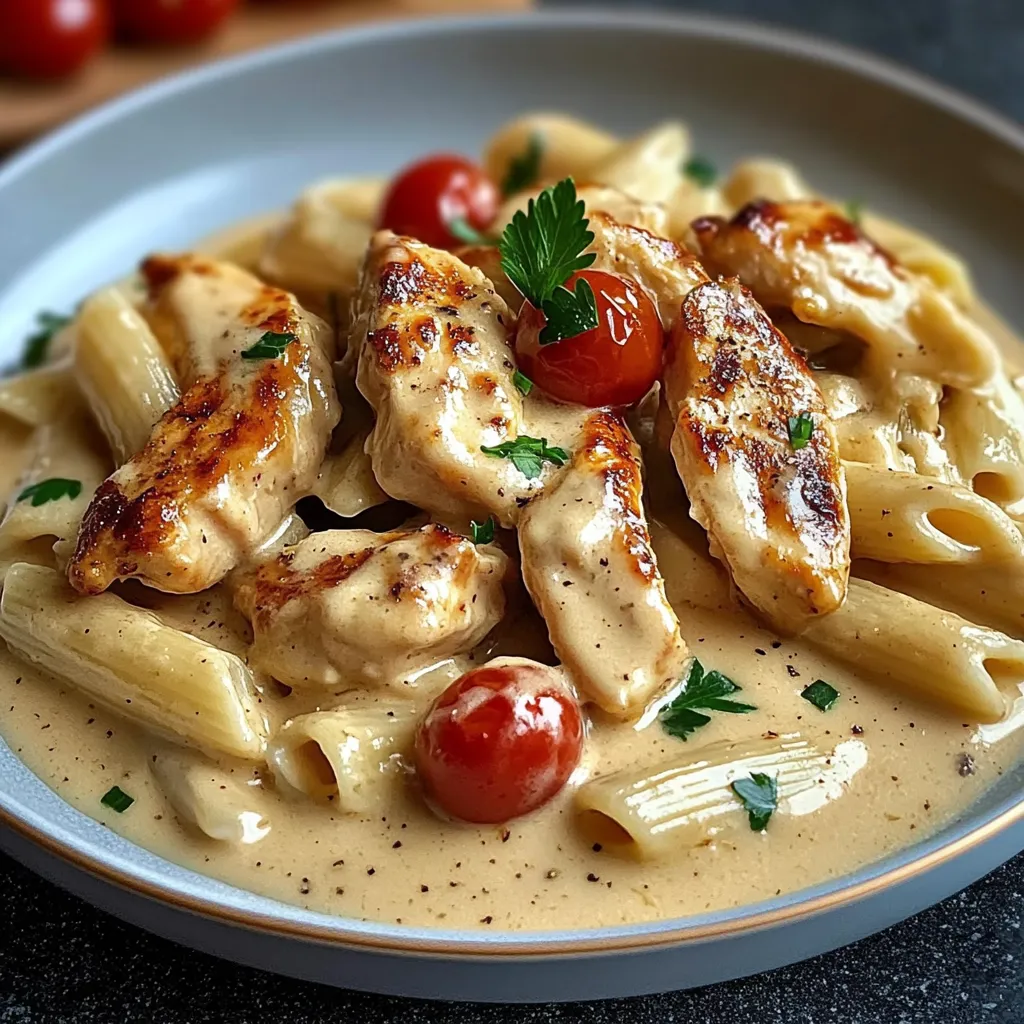 Eine Platte mit Pasta, Tomaten, Zwiebeln und Chicken.