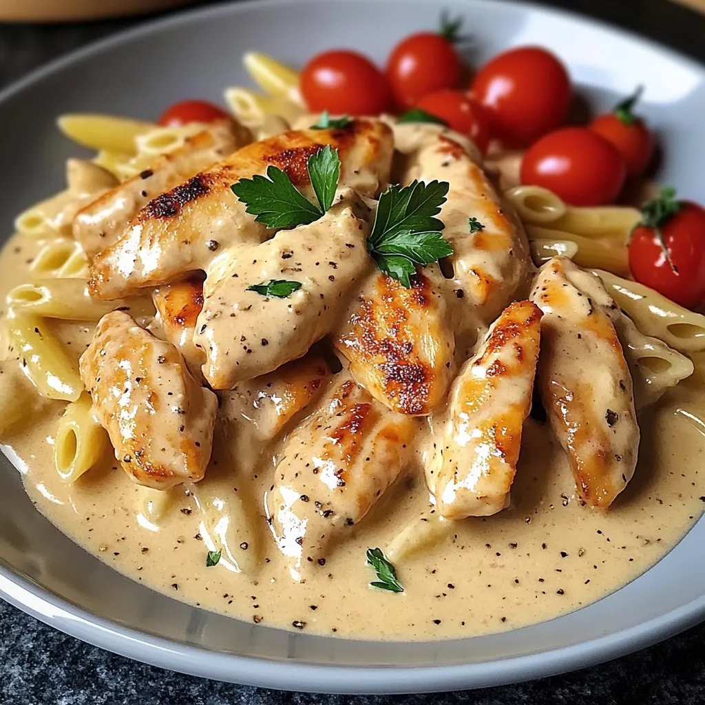 Ein Plate mit Pasta, Tomaten, Zwiebeln und Chicken.