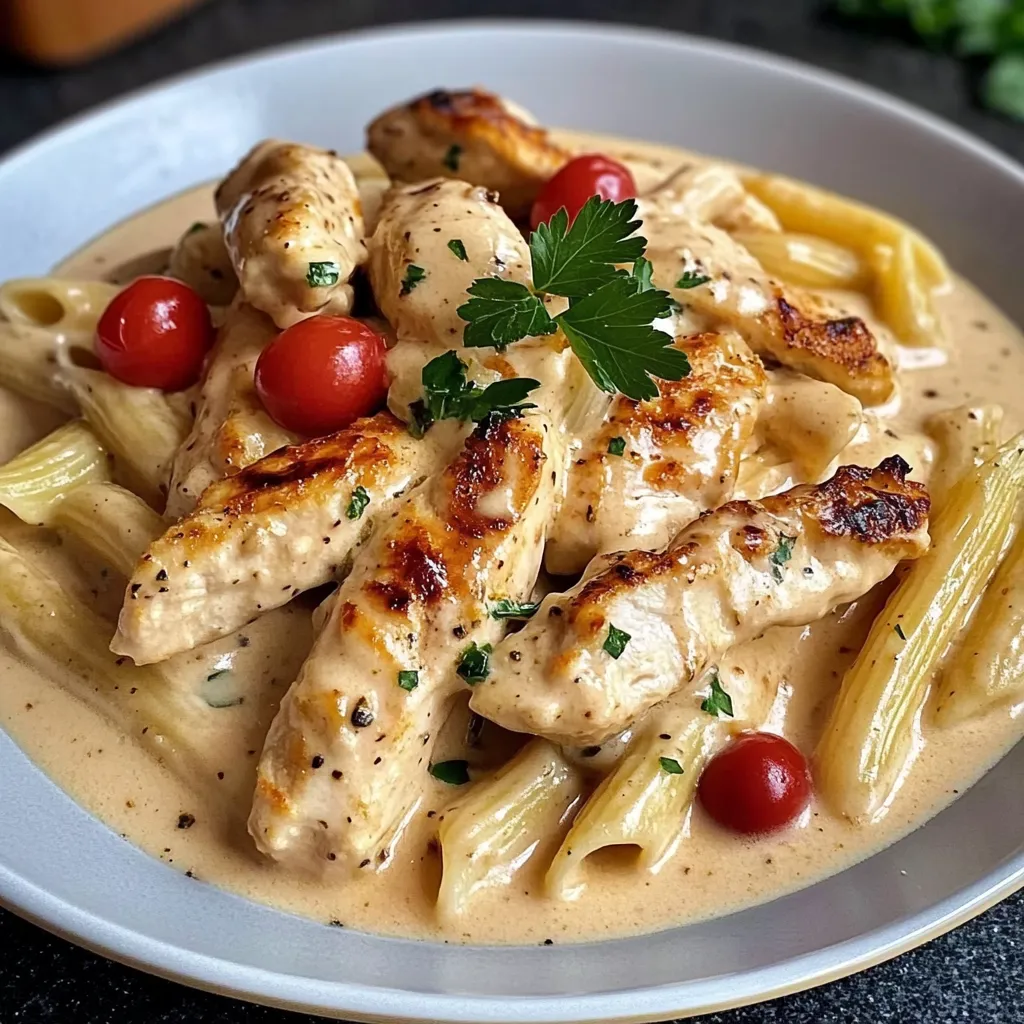 Ein Plate mit Pasta und Chicken, garniert mit Tomaten und Basilikum.