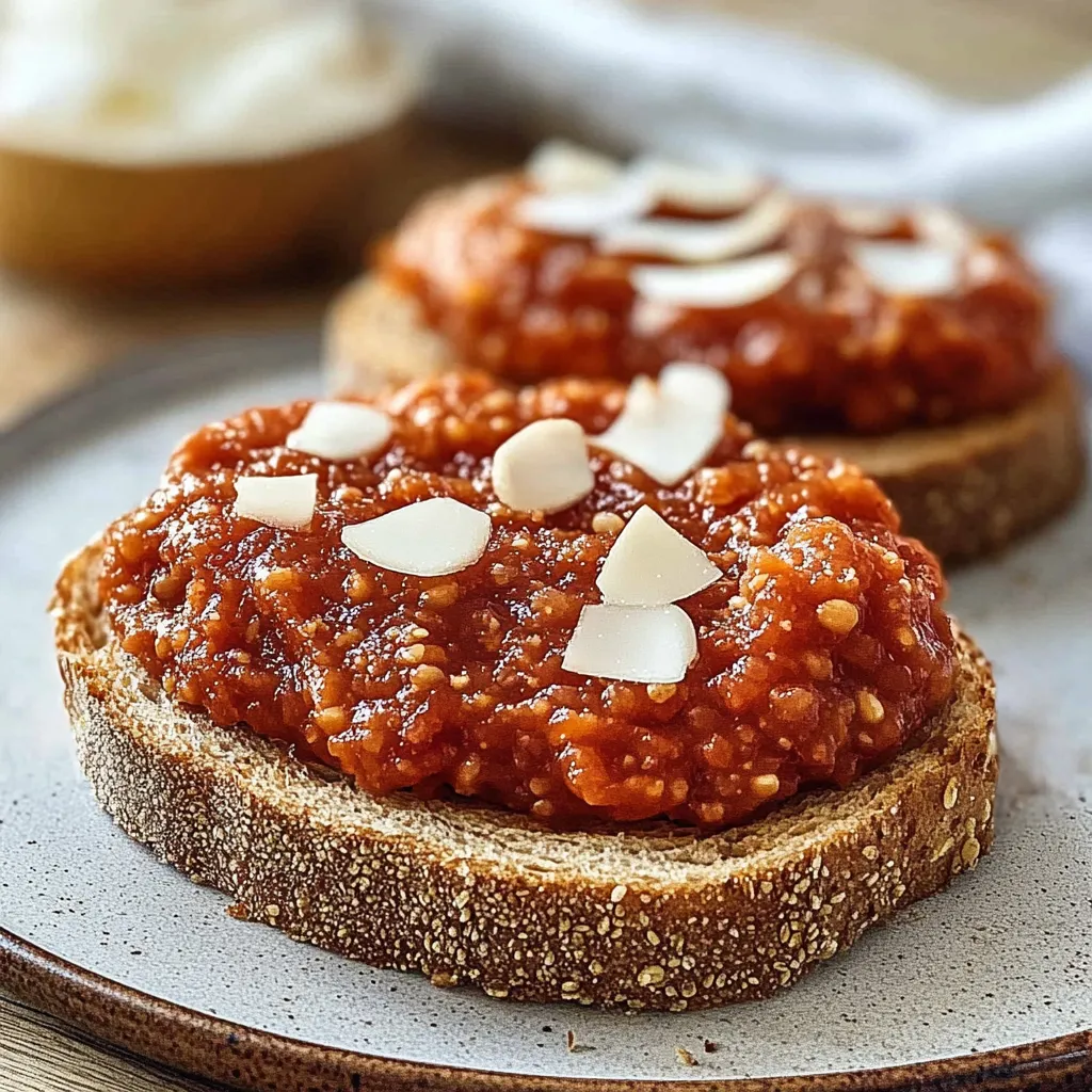 Zwei Toastbrot mit Tomaten-Sauce und Walnuss-Blatt.