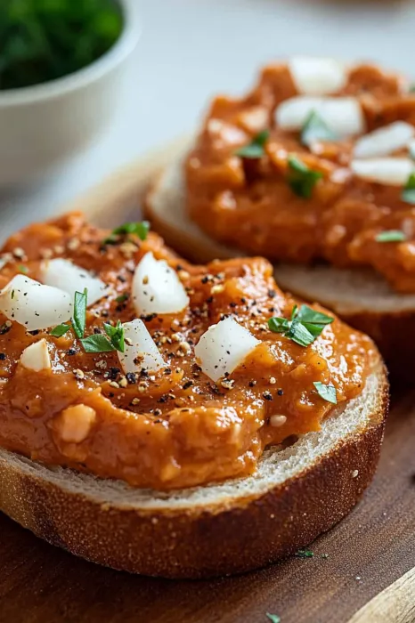 Zwei Scheiben Toast mit einer cremigen Substanz darauf.