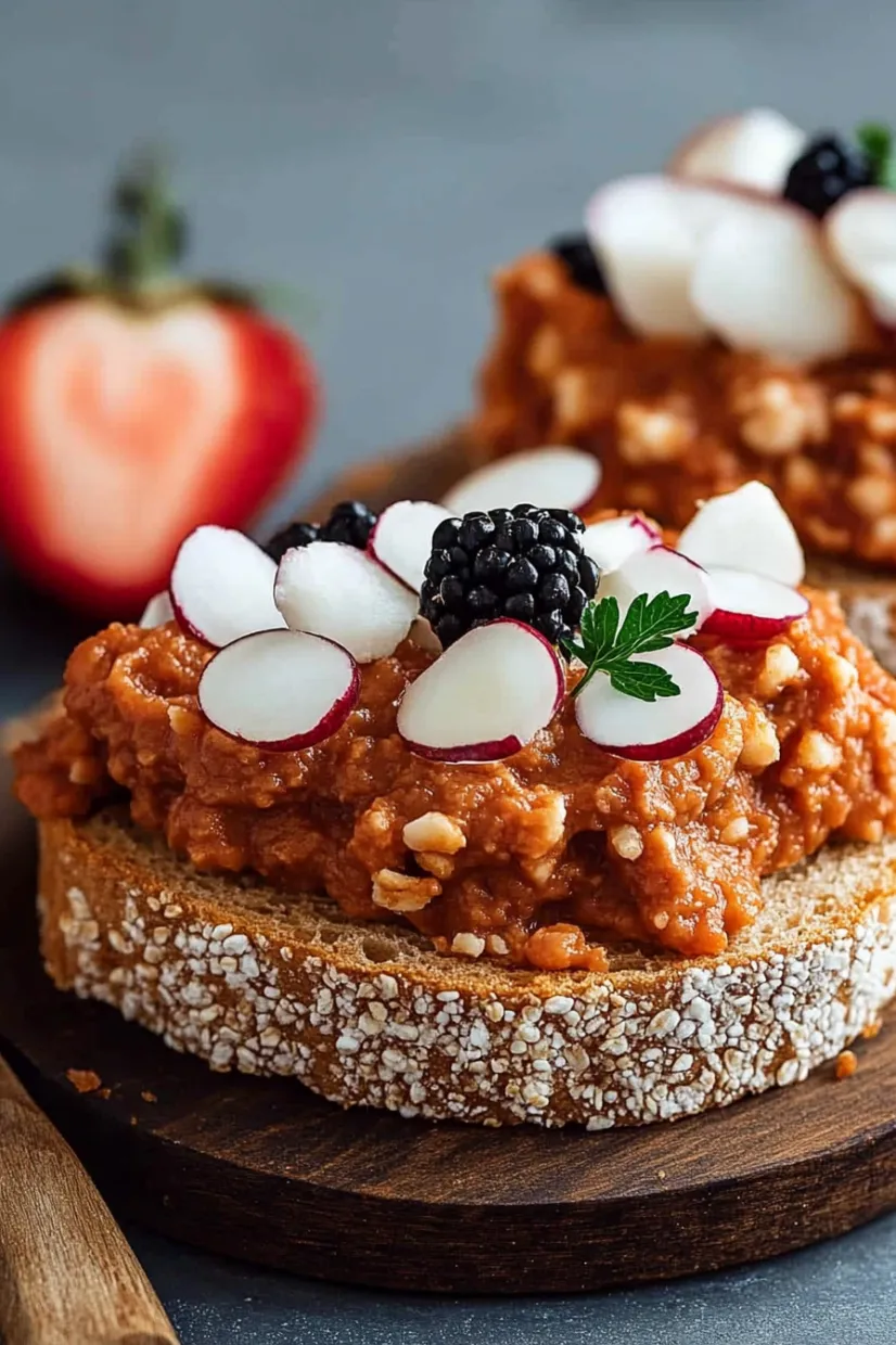 Eine Toast-Brötchen mit einer Schicht aus Nüssen und einer Mischung aus Zwiebeln und Zucker.