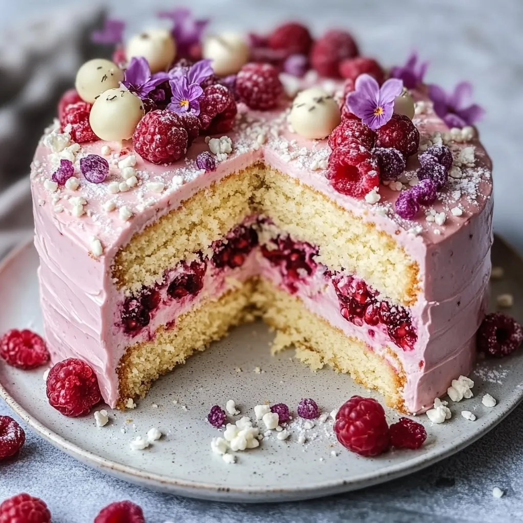 Ein Stück Kuchen mit Raspberry-Füllung und Schokoladengarnelen auf einem Teller.