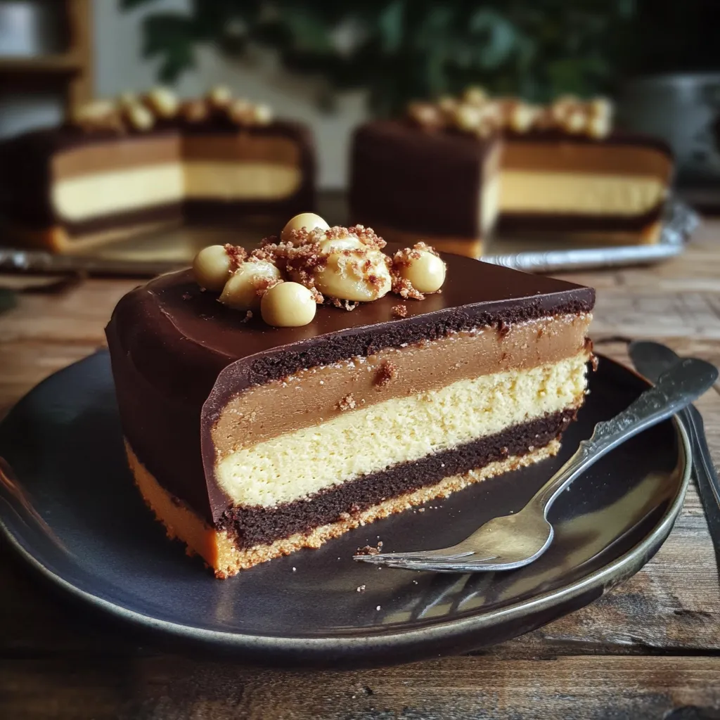 Eine Schokoladenkuche mit Schokoladencreme und Walnüssen auf einem Teller.