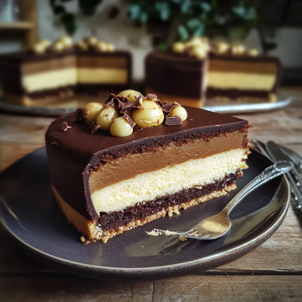 Eine Schokoladenkuche mit Schokoladencreme und Schokoladenkugeln auf einem Teller.