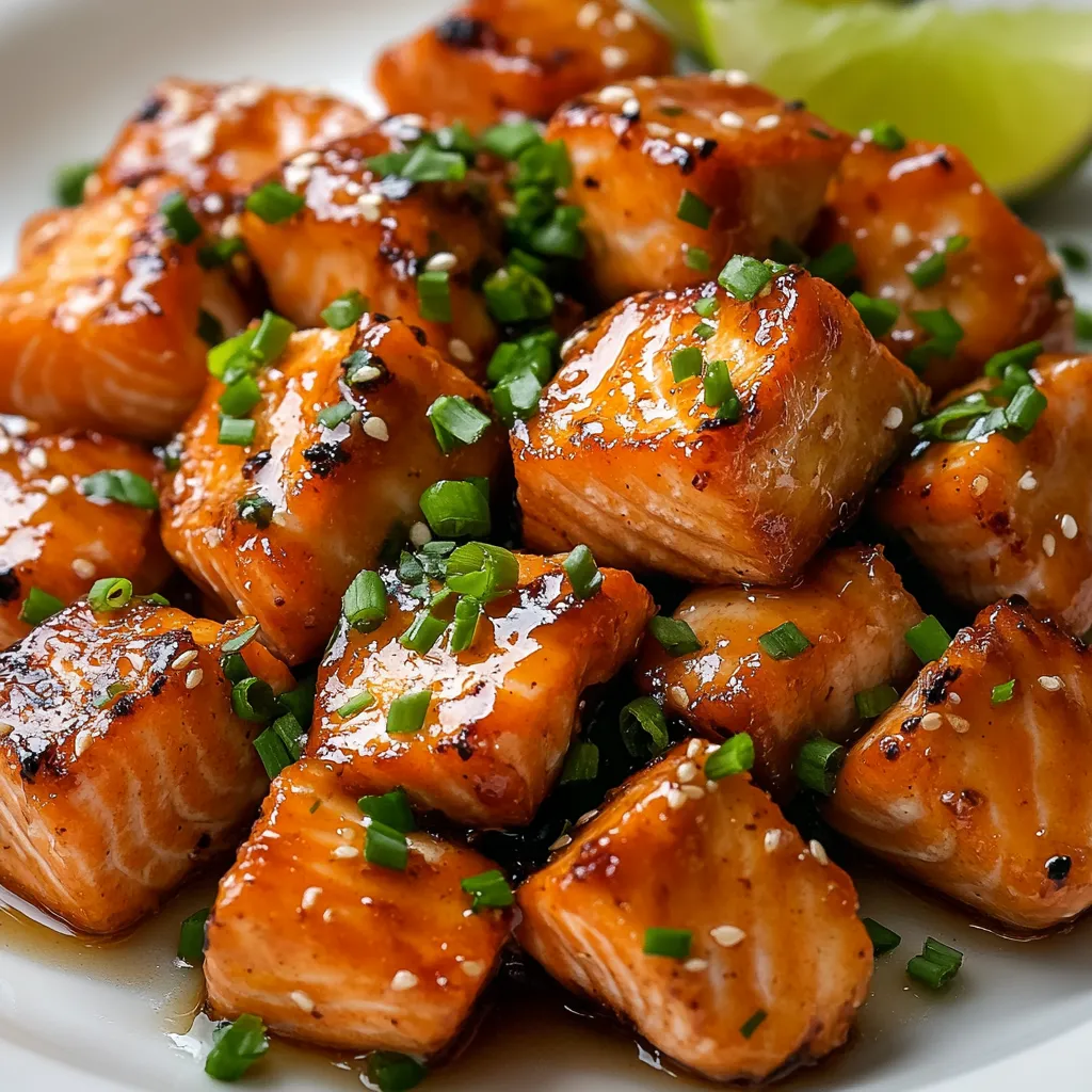 Eine Platte mit gegrilltem Salmon, das mit Garnelen und Zwiebeln garniert ist.