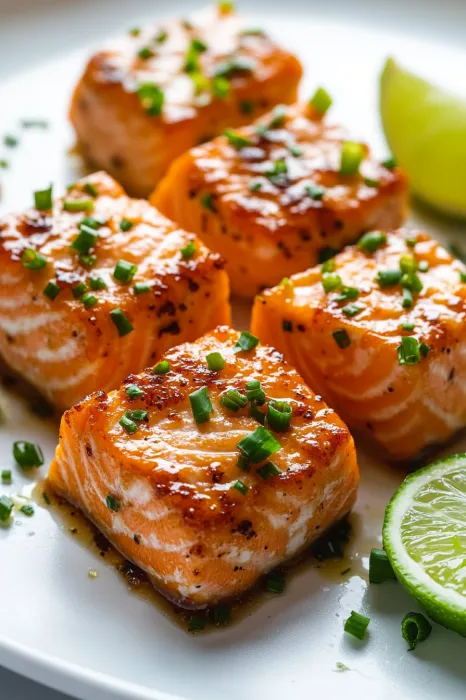 Eine Platte mit sechs Scheiben von Salmon, die mit Zwiebeln und Knoblauch garniert sind.