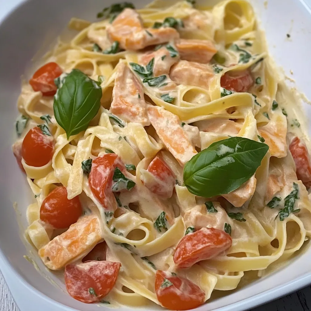 Ein weißer Teller mit Pasta, Tomaten, Zwiebeln und Spinat.