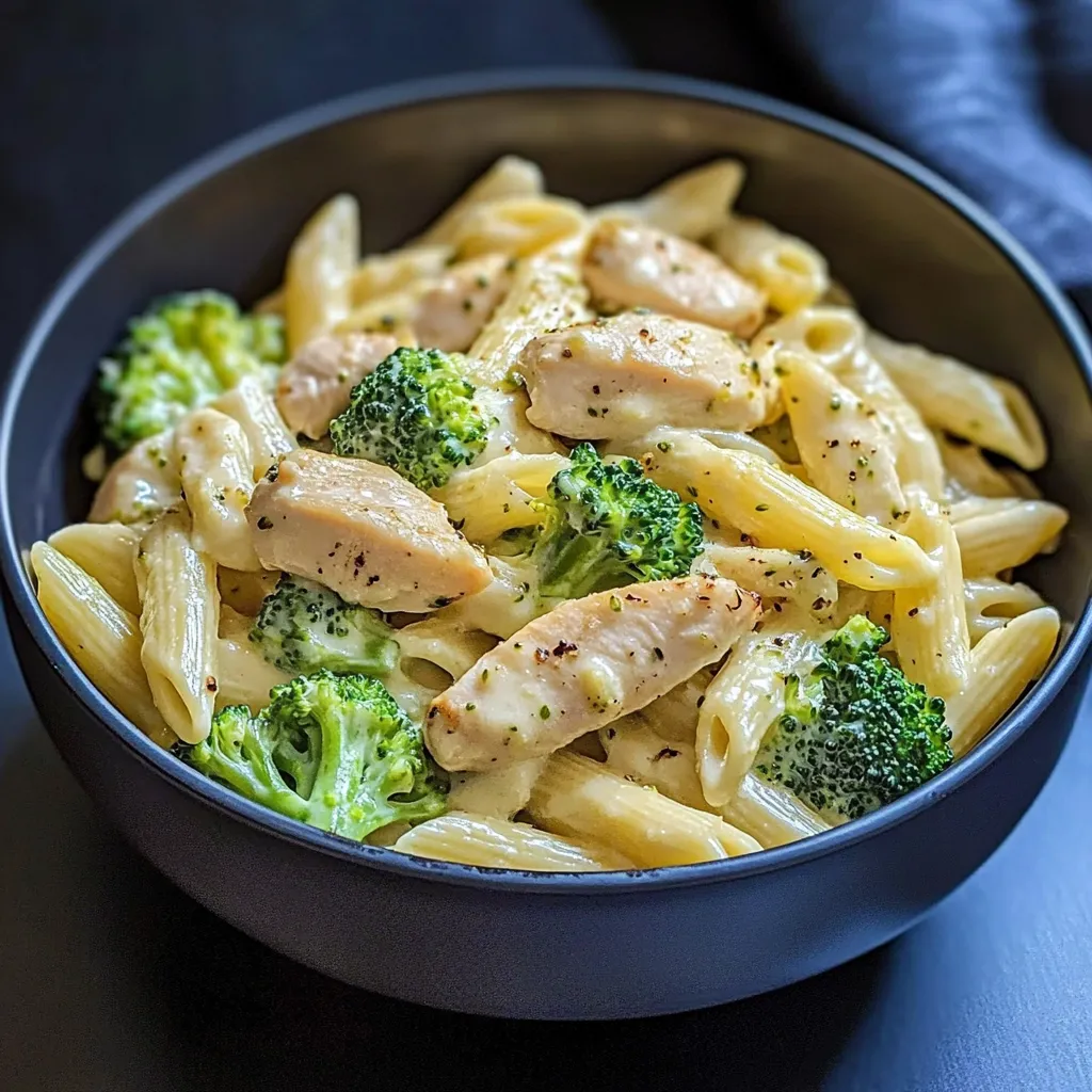 Ein Schalen mit Penne, Chicken und Broccoli.