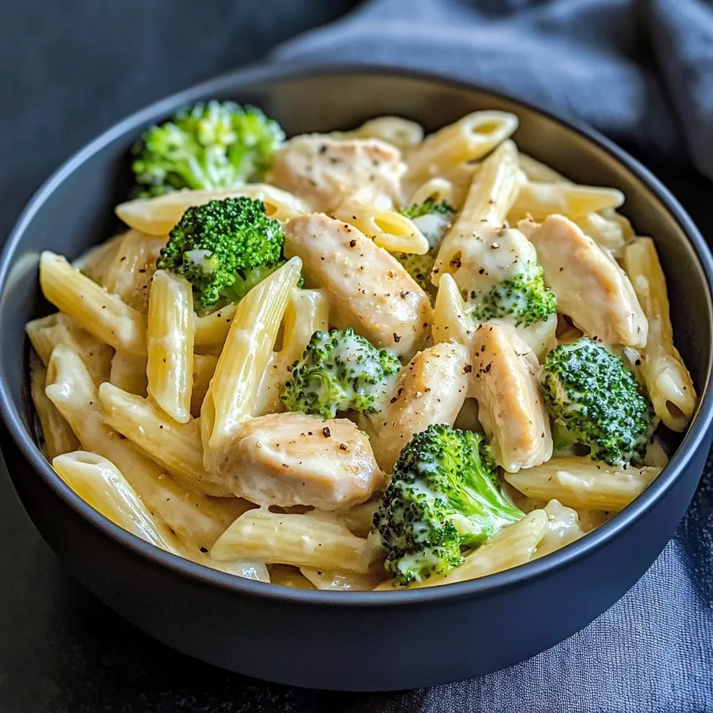 Ein schwarzes Bowl mit Penne, Chicken und Broccoli.