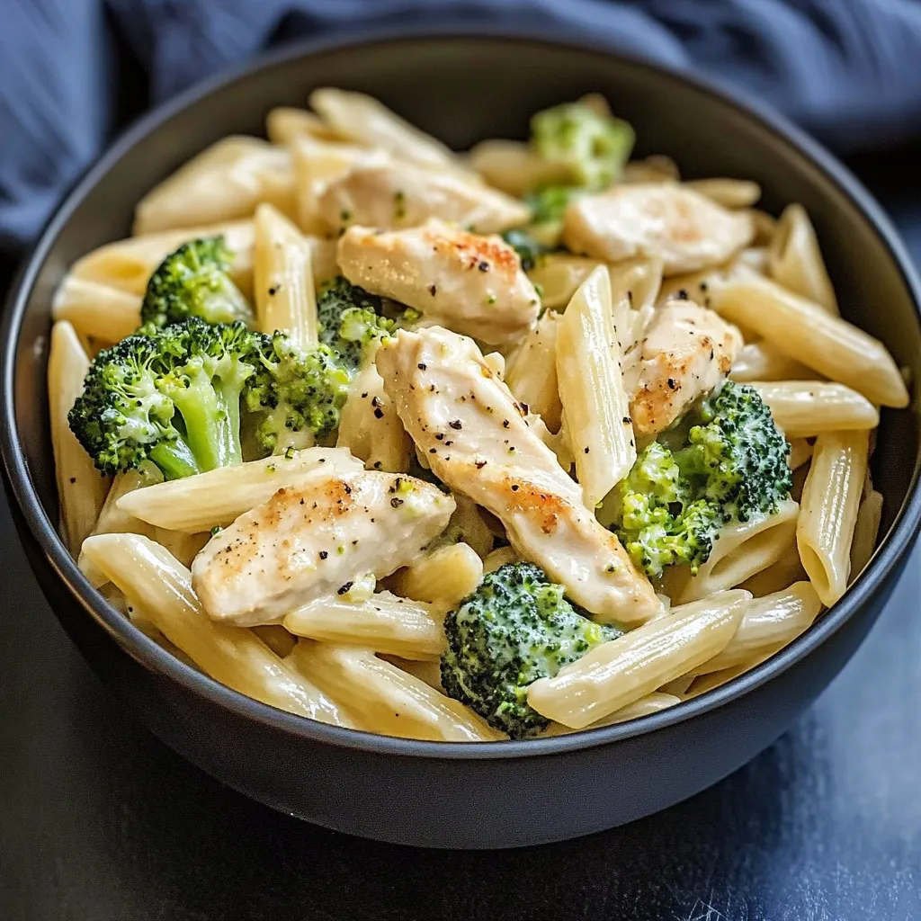 Ein schwarzes Teller mit Penne, Chicken und Broccoli.