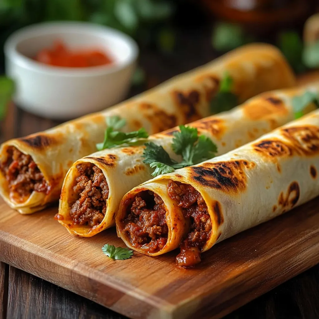 Eine Schüssel mit einer Sauce und zwei Burritos auf einem Tisch.