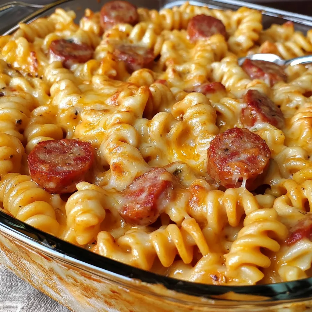 Ein Glas mit Pasta und Sausage.