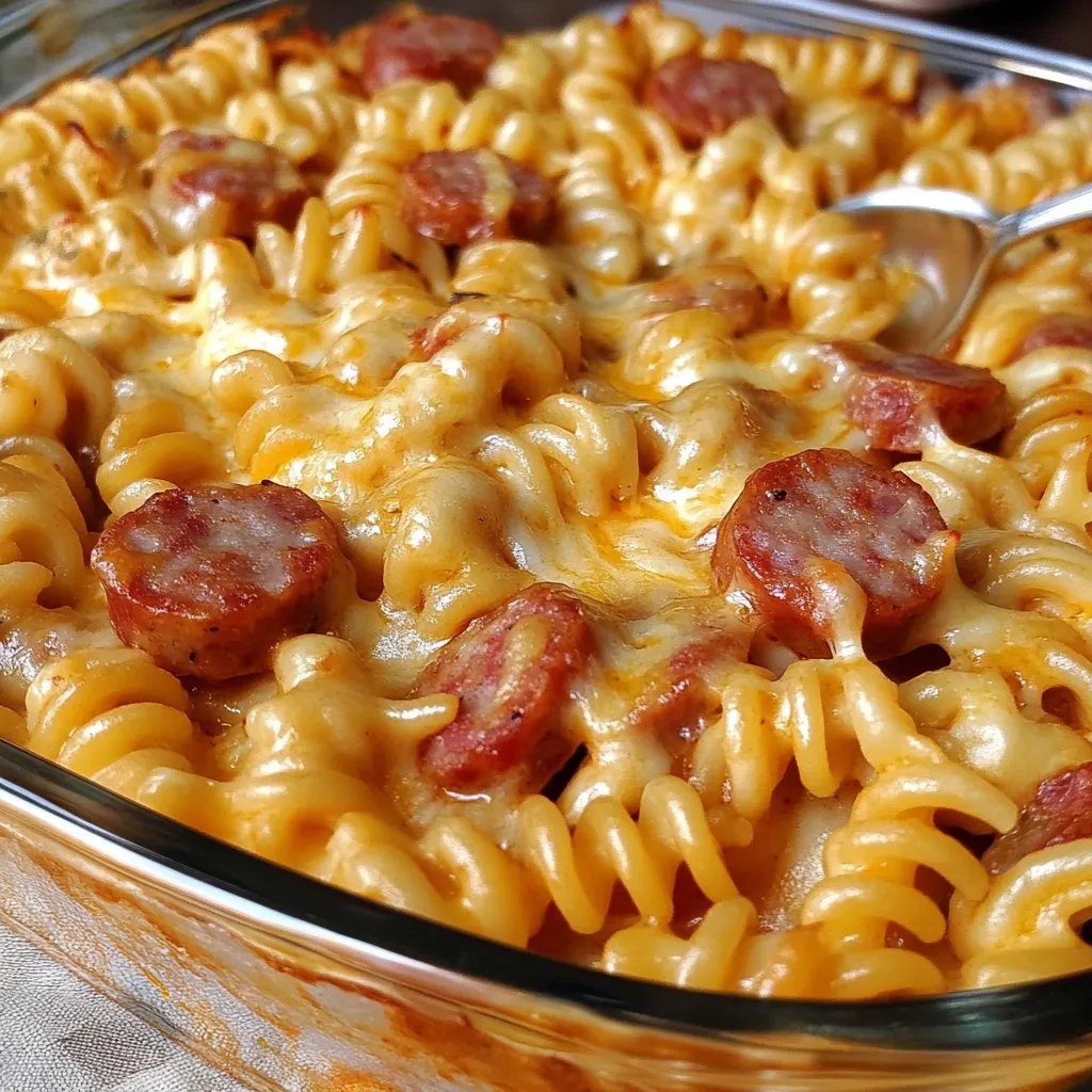 Ein Glas mit Pasta und Sausage.