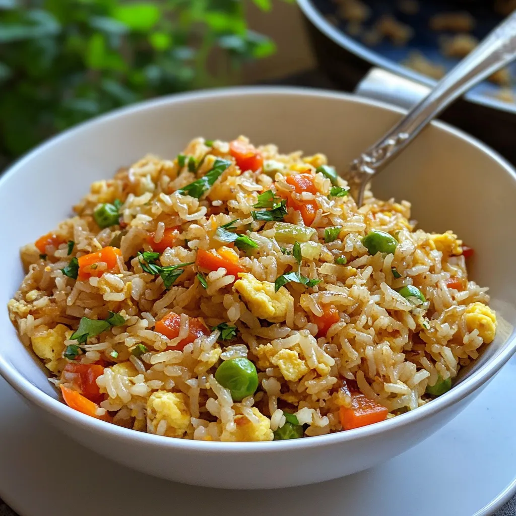 Ein weißer Teller mit einer Mischung aus Reis, Eiern, Karotten, Zwiebeln und Tomaten.