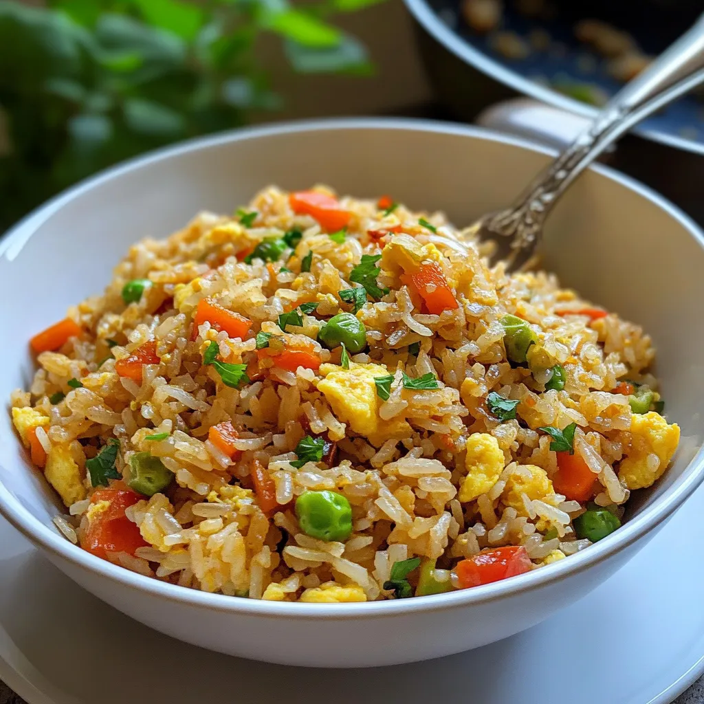 Ein weißer Teller mit einer Mischung aus Reis, Eiern, Karotten, Tomaten und Zwiebeln.