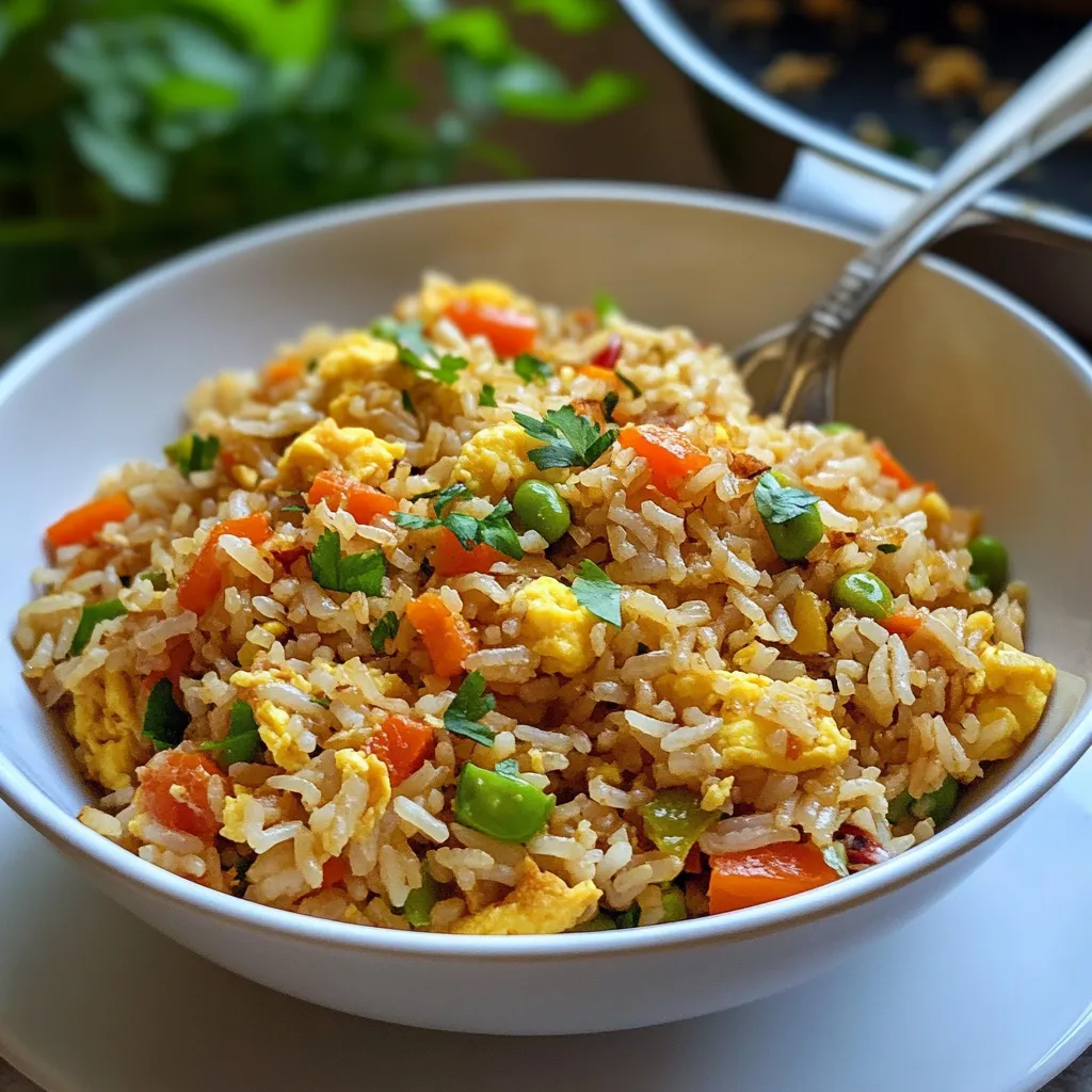 Ein weißer Teller mit einer Mischung aus Reis, Eggs, Karotten, Peas und Zwiebeln.