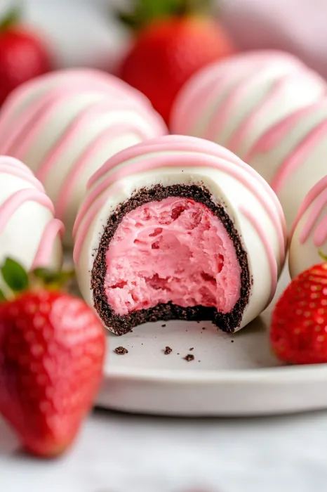 Eine Platte mit weißen und roten Desserts, darunter eine Strawberry-Konfekt-Kugel mit einem Loch in der Mitte.