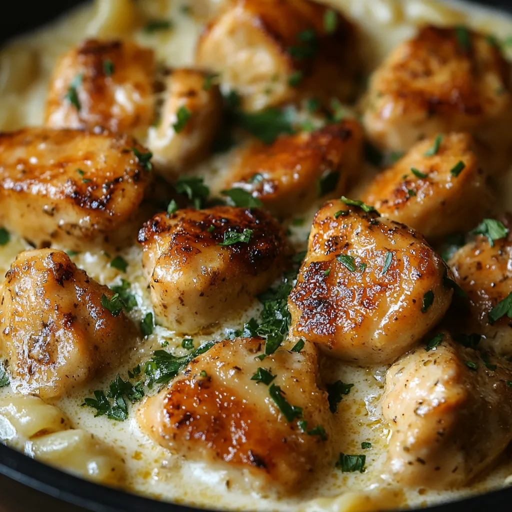 Ein Bild von einer Kasserolle mit Chicken, die in einer Sauce mit Zwiebeln und Knoblauch gegeben ist.