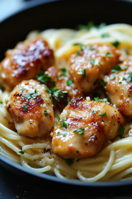 Ein Bild von einer Pasta-Auflauffe mit gegrillten Chicken-Stücken und grünen Zwiebeln.