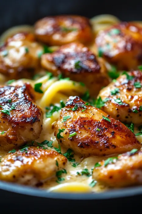 Eine Schüssel mit Chicken-Knöcheln, die in einer cremigen Sauce liegen.