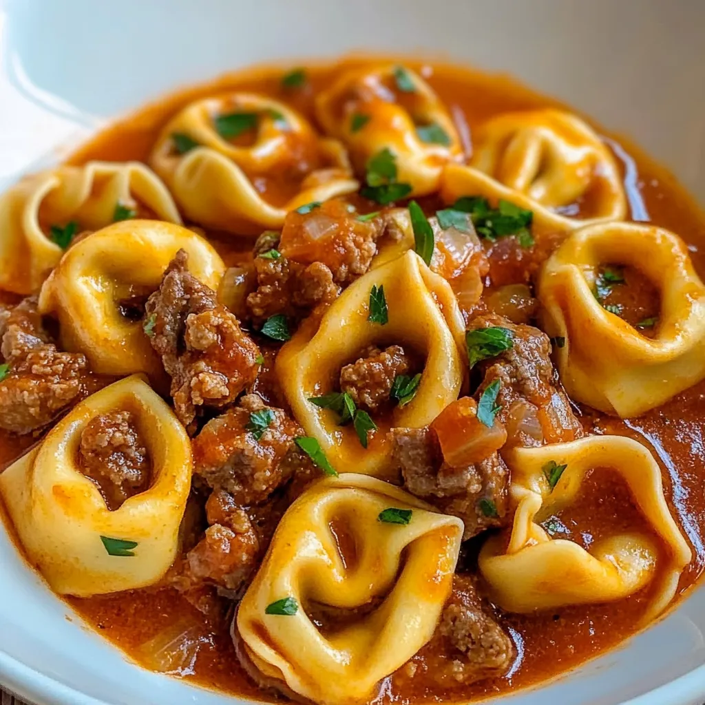 Ein weißer Teller mit einer Mischung aus Pasta, Meatballs und Tomatensoße.