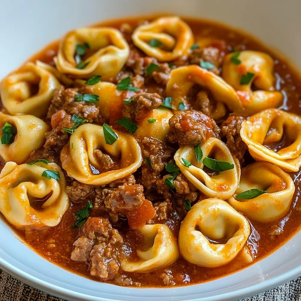 Ein weißer Teller mit einer Mischung aus Pasta, Rindfleisch, Tomaten, Zwiebeln und Sauce.