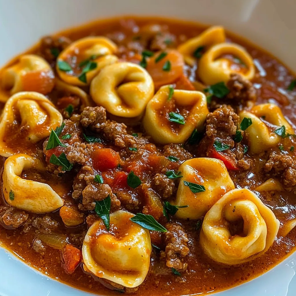 Ein weißer Teller mit einer Mischung aus Pasta, Kartoffeln, Tomaten, Zwiebeln und Rindfleisch.