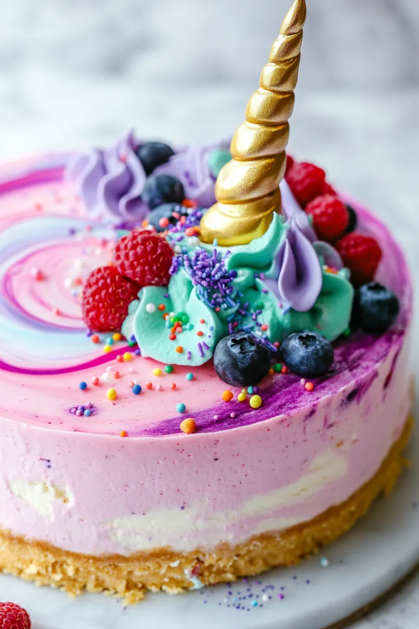 Eine Schokoladencake mit purpurfarbenen Zutaten, die mit einem goldenen Zahnstocher garniert sind.