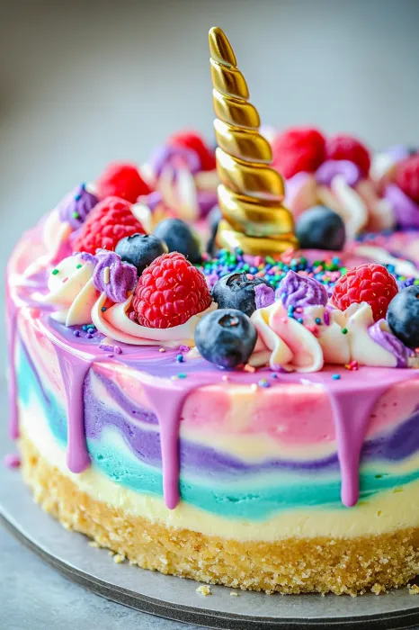 Eine Schokoladenkuche mit verschiedenen Zutaten wie Raspberry, Blueberry, Gold und Purple.