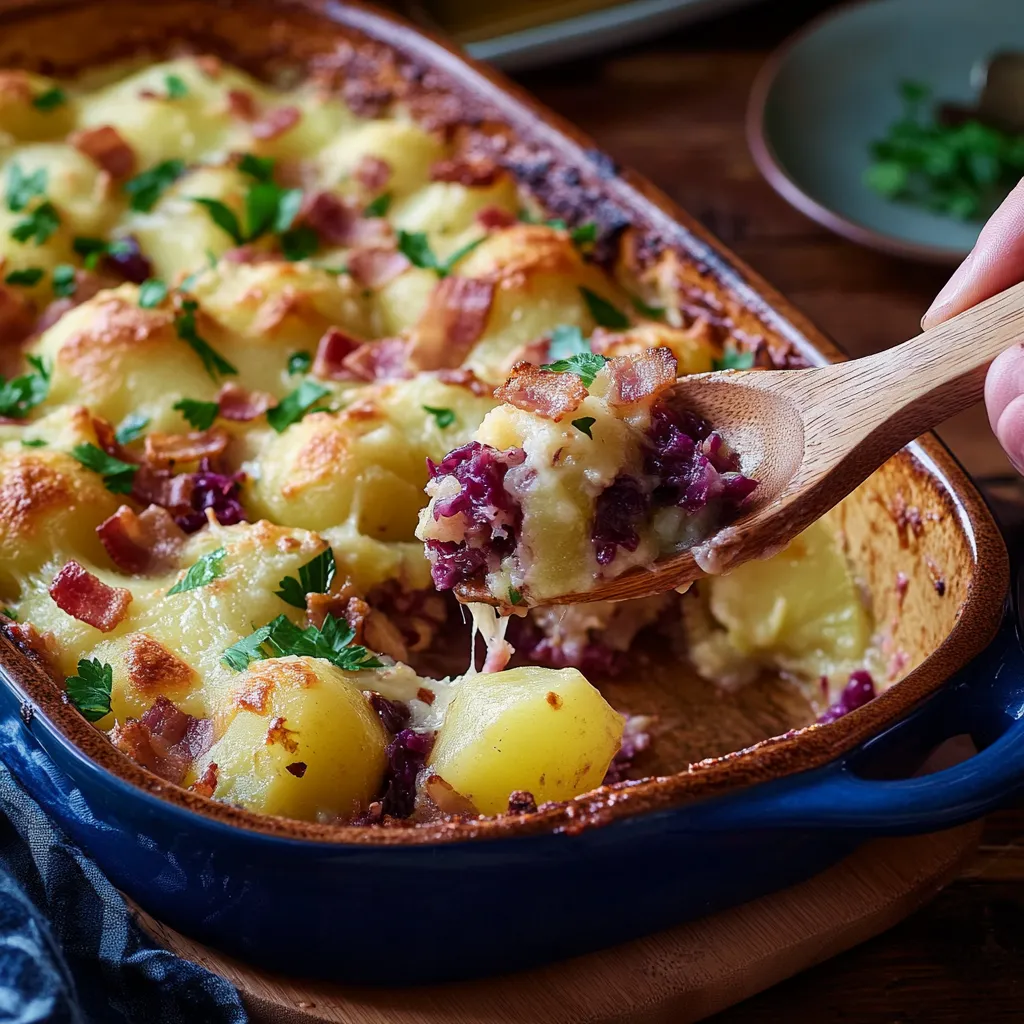 Eine Person hält eine Gabel in einer Tasse mit einem Bacon-Käse-Potatoes-Gericht.