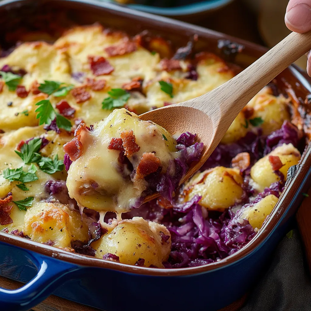 Ein Schälchen mit Bacon, Kartoffeln und Käse wird mit einer Gabel gegriffen.