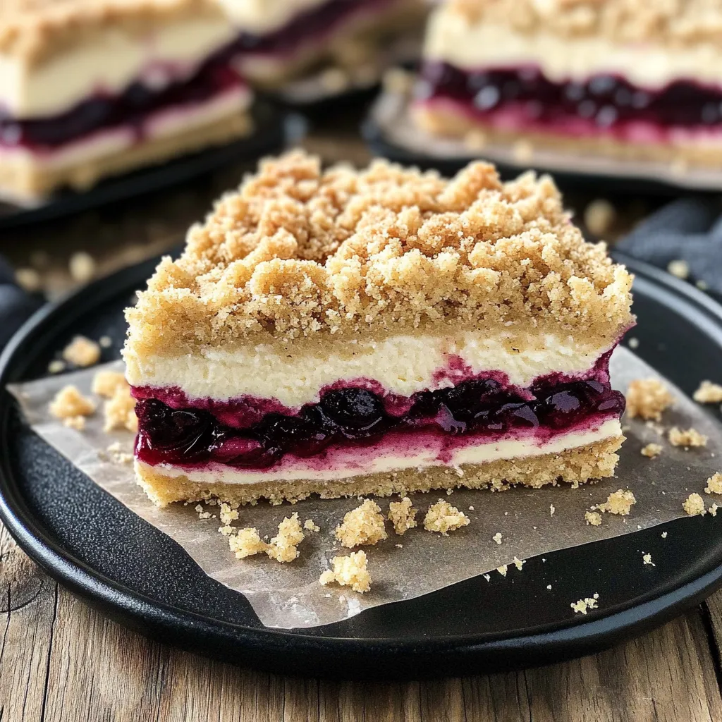 Ein Stück Kuchen mit einer Schicht von Blaubeeren darauf.
