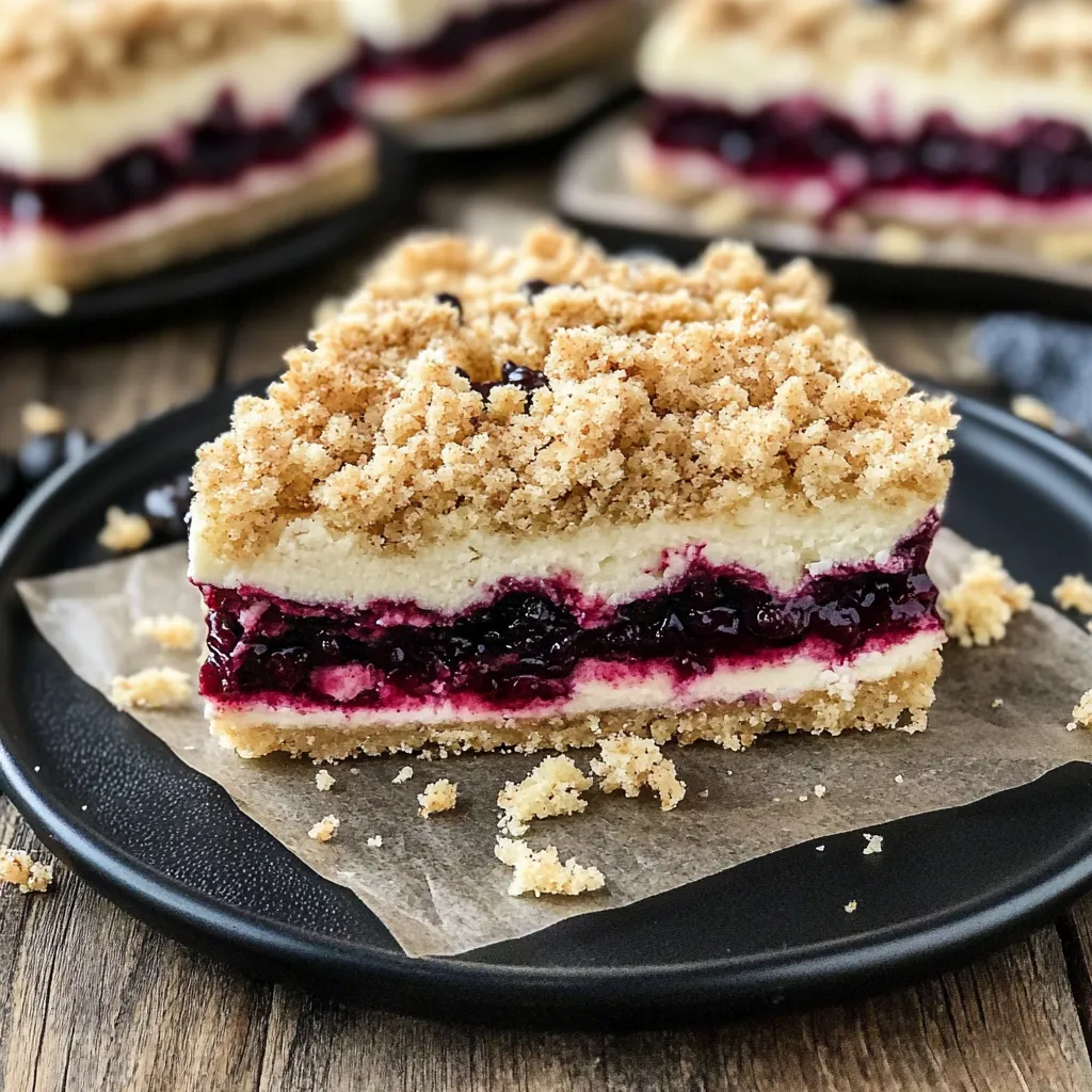 Eine Platte mit einem Stück Kuchen, der aus Keks und Blaubeeren zubereitet wurde.