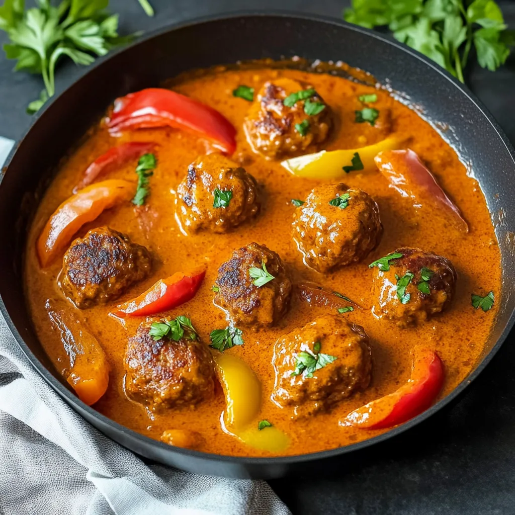 Ein schwarzes Töpfchen mit einer Mischung aus Sauce und Gemüse, darunter Paprika, Tomaten und Zwiebeln.