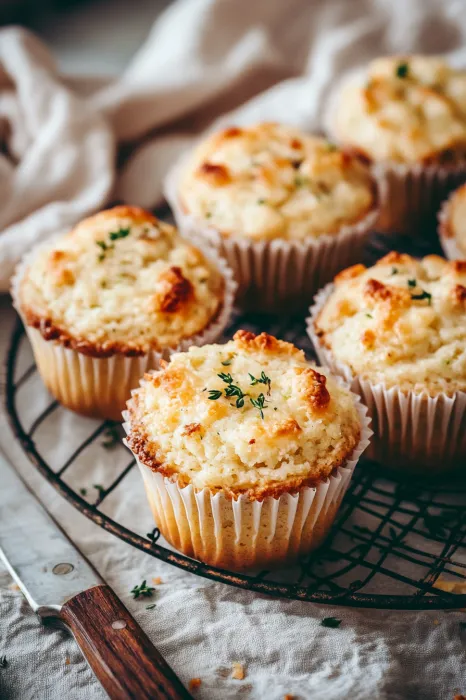 Ein weißer Becher mit einer Muffin, die mit Zwiebeln und Käse gefüllt ist.