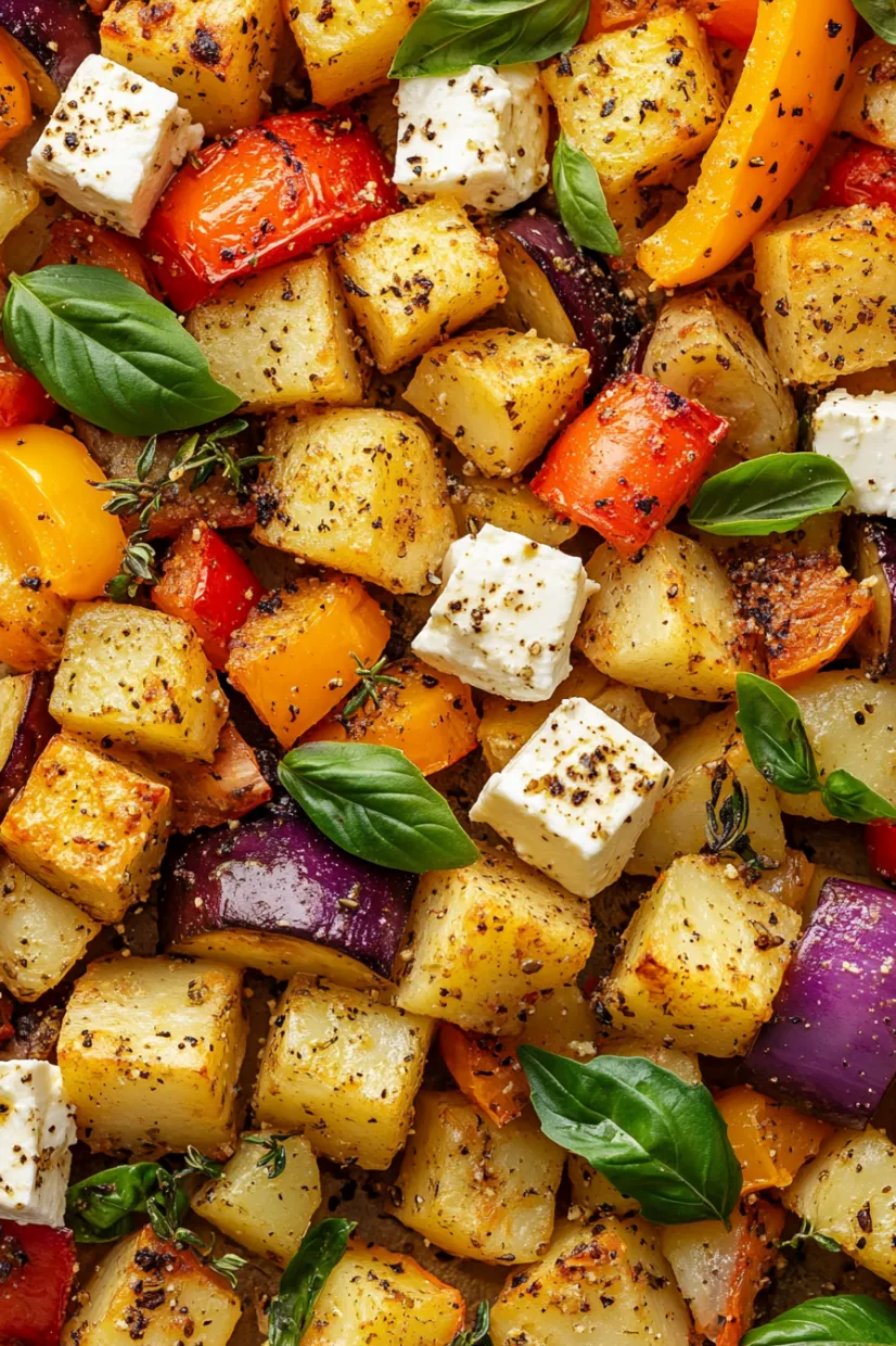Eine Mischung aus Gemüse, darunter Paprika, Zwiebeln, Tomaten, Karotten, Kartoffeln und Spinat, garniert mit Blattzweigen.