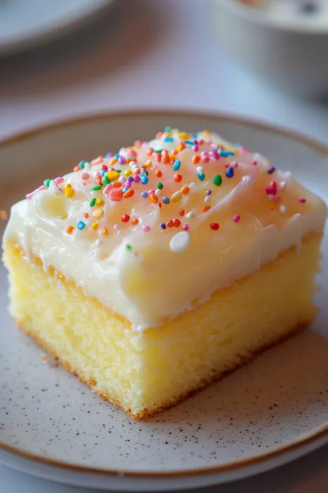 Ein weißer Kuchen mit gelben Streifen und sprinklerartigen Zutaten auf einer Platte.