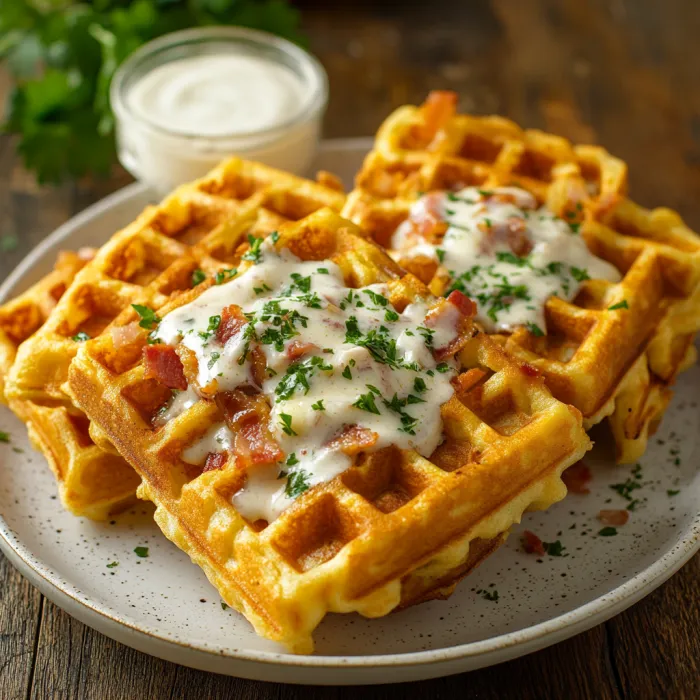 Waffeln mit Käse und Tomaten auf einem Teller.