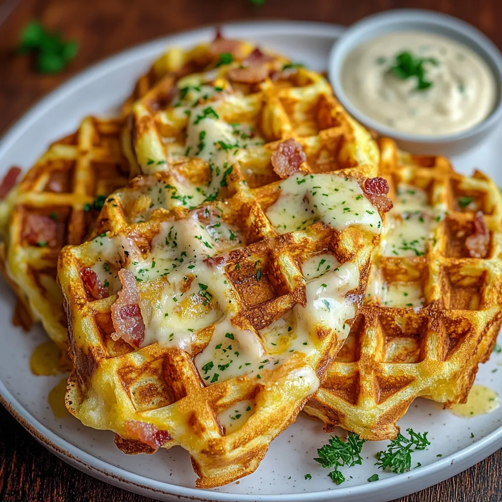 Ein weißer Teller mit Waffeln, die mit Käse und Kräutern garniert sind.