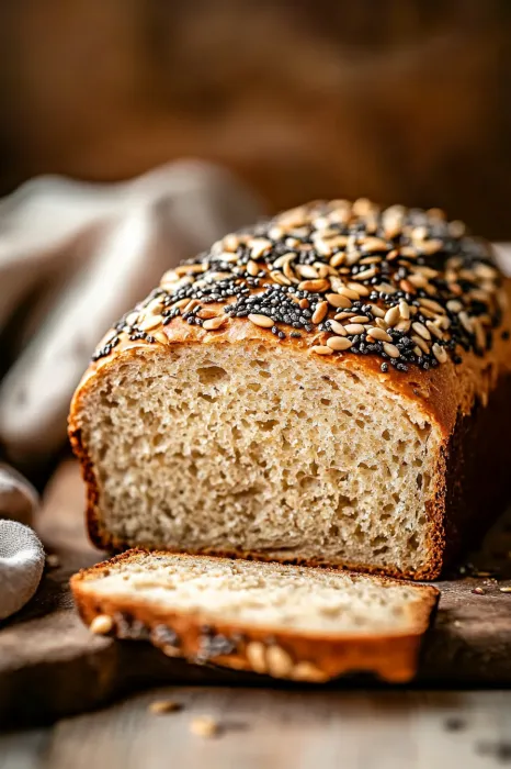 Ein Baguette mit Sesamkörnern auf einer Tischplatte.