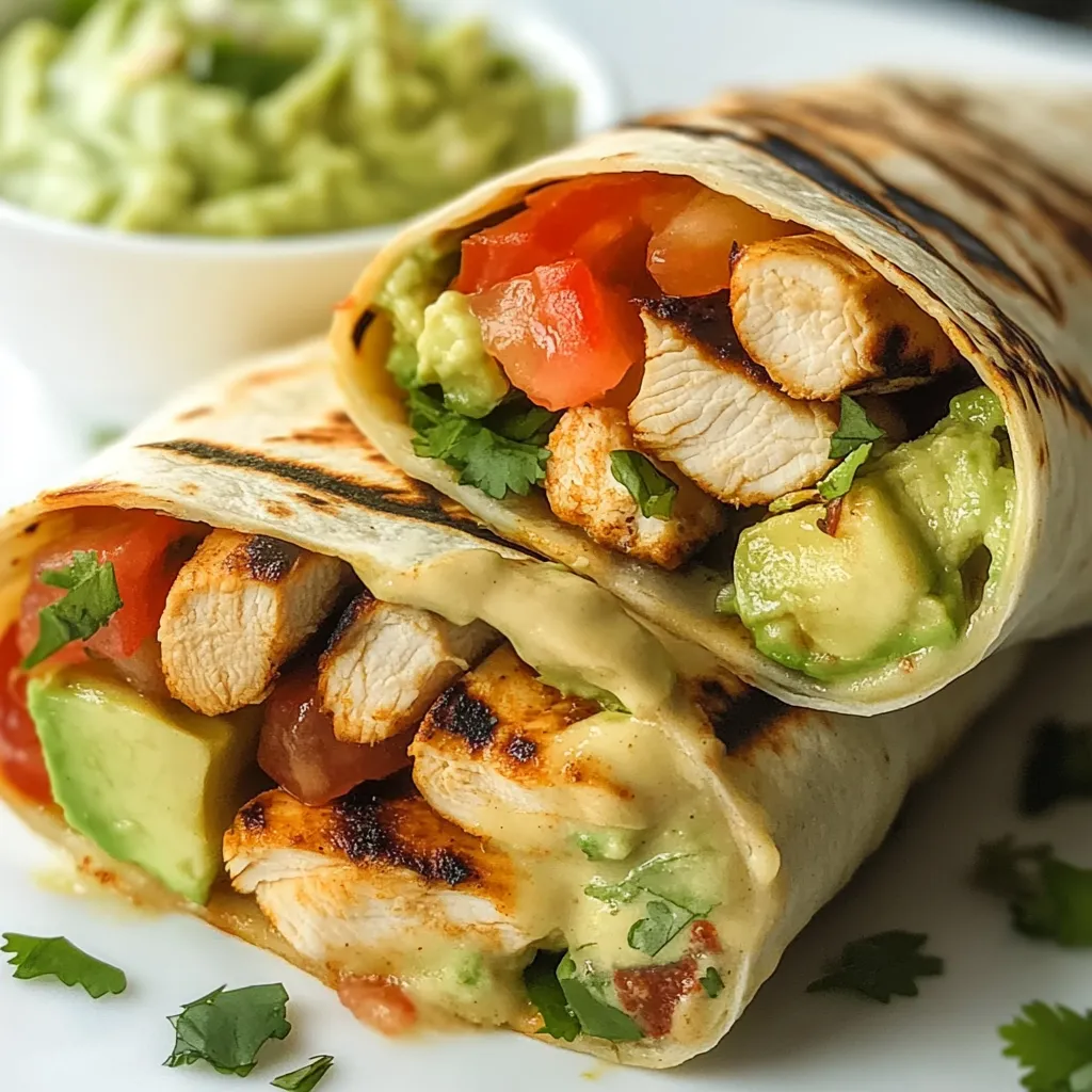 Ein prägnantes Bildbeschreibungstext auf Deutsch lautet: "Ein Sandwich mit Chicken, Avocado und Tomaten auf einem weißen Teller.