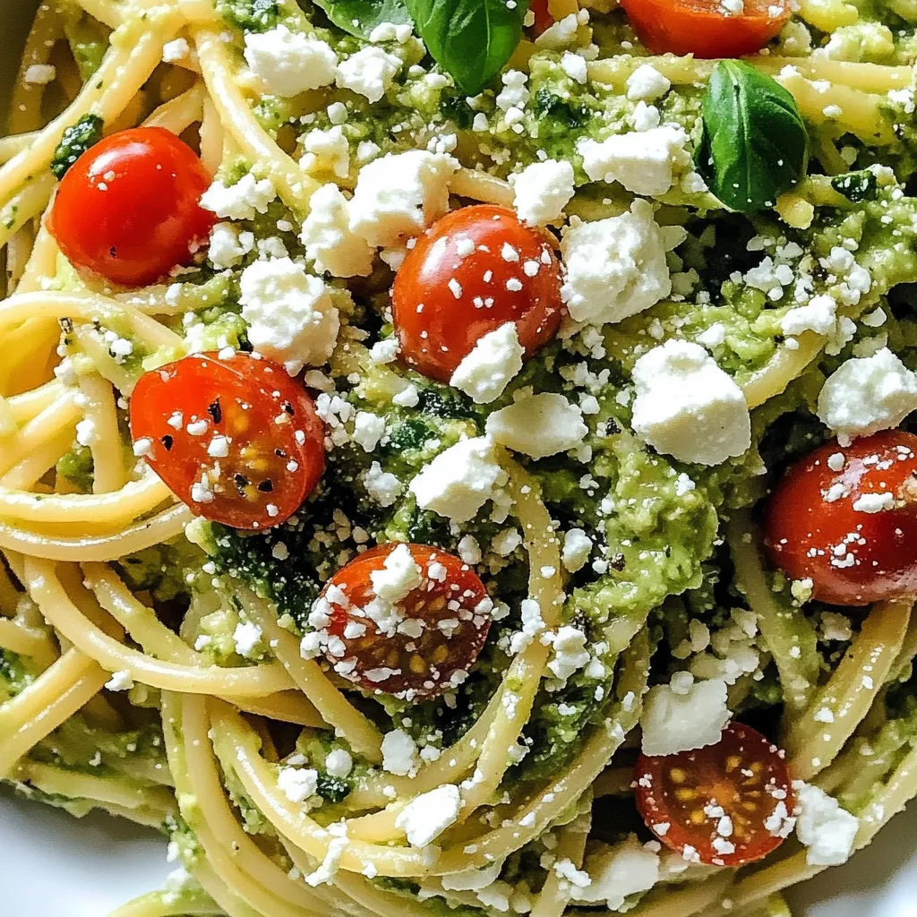 Eine Platte mit Pasta, Tomaten, Basilikum und Feta-Käse.
